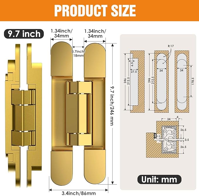 9.7" Hidden Door Hinge/Concealed Hinges,Invisible Hinges,Invisible Door Silent 180 Degree Swing Hinge 3-Way Adjustable Butt 9.7 x 3.3 x 1inch (Golden, 9.7 inches)