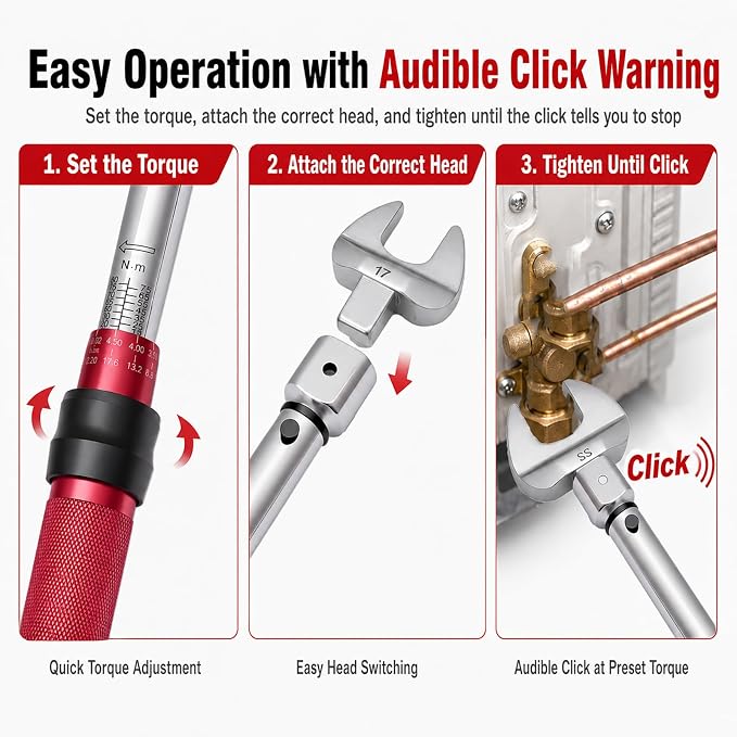 Mini Split Torque Wrench Set, 10–80 Nm HVAC Torque Wrench with 5 Fixed Open End Heads, 17/22/26/29/32 mm Open End Torque Wrench for Mini Split Installation, Adjustable Torque Wrench for Flare Nuts