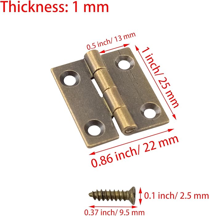 6Pcs 1 Inch Butt Hinge, Mini Cabinet Hinges, Rectangle Brass Folding Butt Hinges, Small Jewelry Box Butt Hinge, Bronze