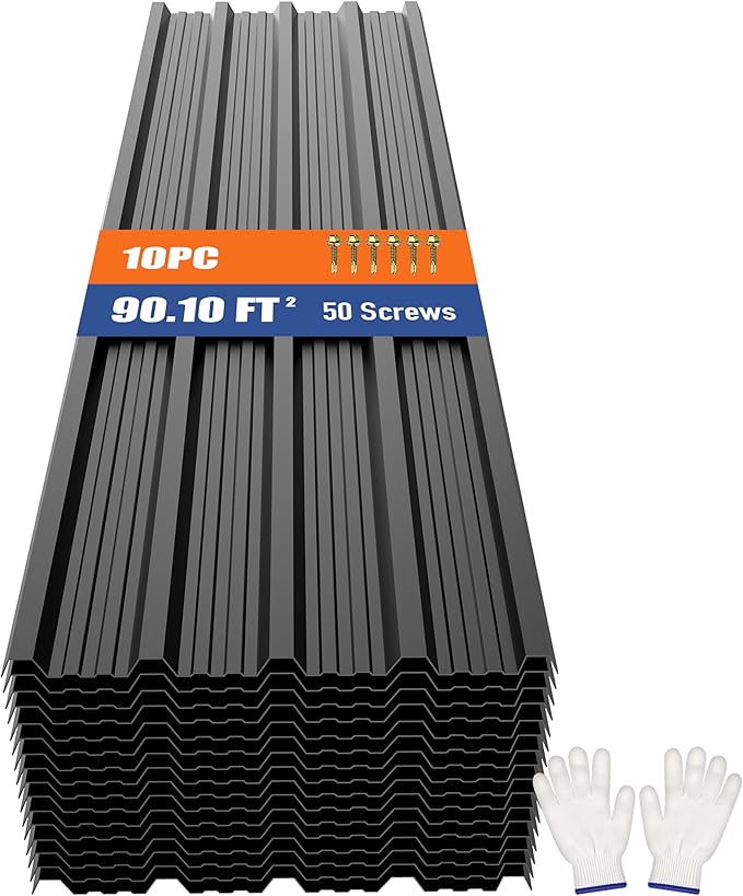 Brakki Metal Roofing Panels 10pcs 90.1 ft², 73.23"Lx17.72"W Black Corrugated Galvanized Steel Roof Panels with Screw, Heavy Duty Metal Siding Suitable for Garages Chicken Coop Sheds Stables Patio