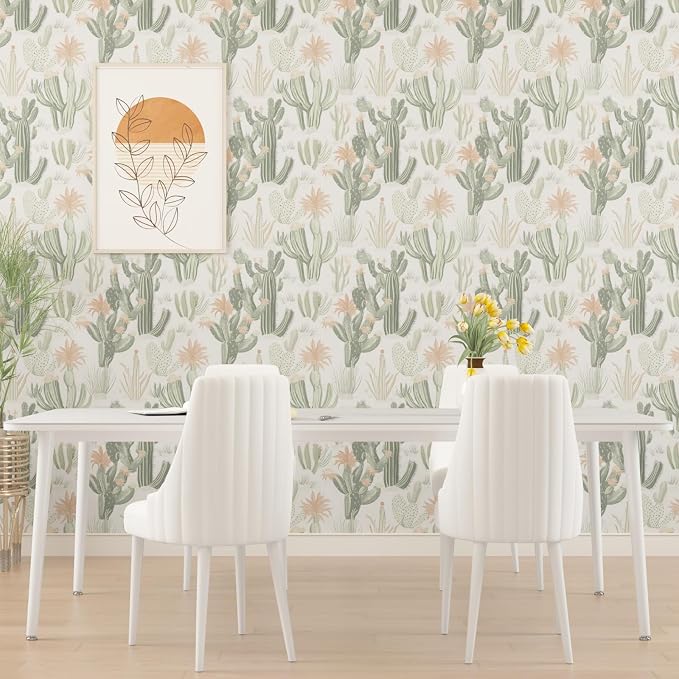 Light Cactus Floral Peel and Stick Wallpaper 17.5" x 118",Beige | Self Adhesive/Removable/Waterproof/Thick Vinyl Contact Paper for Bathroom Bedroom Shelf Cabinet Drawer,Prepasted,Easy Peel