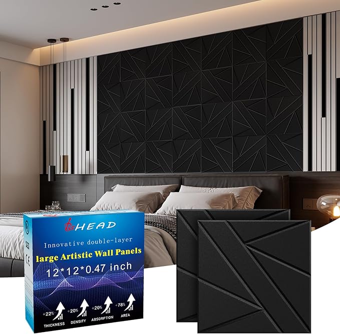 12 Pack Self-Adhesive Soundproof Wall Panels, 12 x 12 x 0.47 in Sound Proof Foam Panels for Walls, 1.2lb/ft³ High Density, Thicker 0.47in, Acoustic Panels, Noise Dampening Panels Studio Black