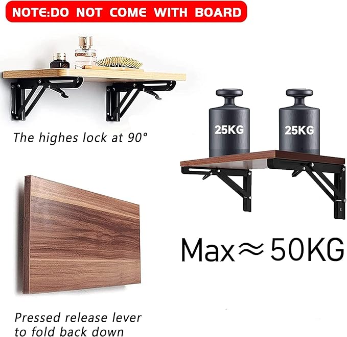 Folding Shelf Brackets - 8 Inch 6 Packs Heavy Duty Metal Collapsible Shelf Bracket, DIY Wall Mounted Foldable Shelf Bracket, Space Saving for Bench Table