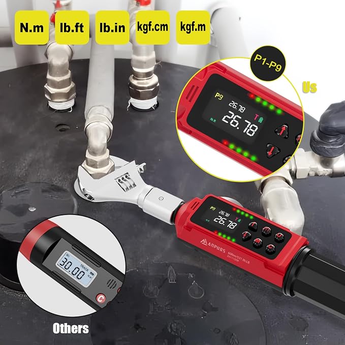 Adjustable Digital Torque Wrench, 0.66-44.29 Ft.lb, ±1% Accuracy | 0.9-60 Nm, 35mm Jaw & 3/8" Ratchet, 9×12mm Open End, Vibration, Buzzer and LED Indicator for for HVAC, Motorcycle, Plumbing