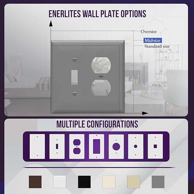 ENERLITES Combination Toggle Light Switch/Duplex Receptacle Outlet Wall Plate, Mid-Size 2-Gang 4.88" x 4.92", Polycarbonate Thermoplastic, 881121M-GY, Gray