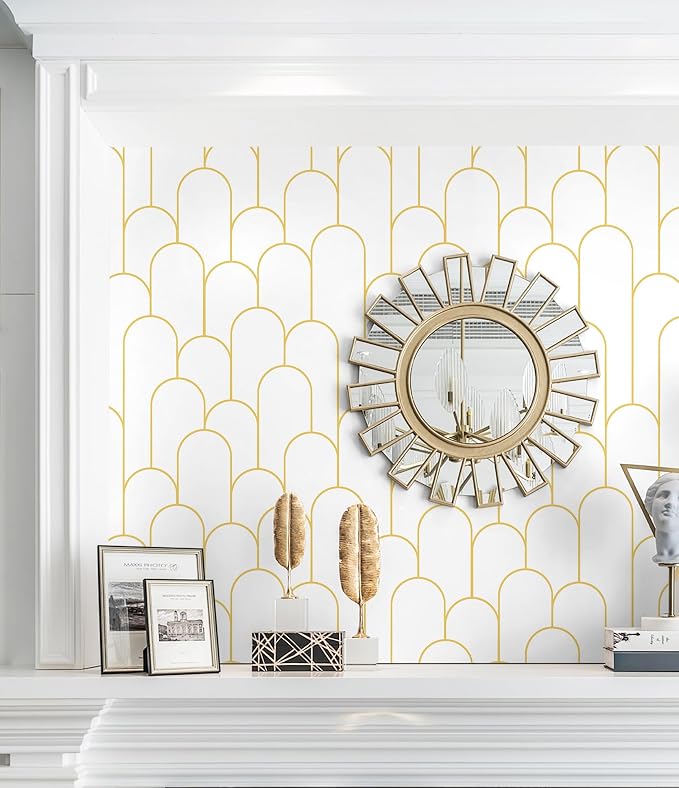 Yasinet Peel and Stick Wallpaper White and Gold Wallpaper Geometric Contact Paper Modern Stripe White Gold Removable Self Adhesive Wall Paper Decorative Wall Bedroom Vinyl Film 17.3''x118''