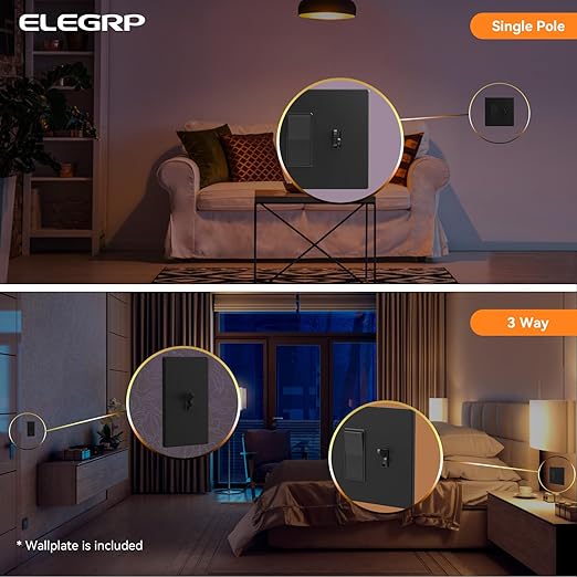 ELEGRP Digital Dimmer Switch for LED/CFL, Toggle Dimmer Switch with Decorative Frameless Design Wallplate, Single Pole/3-Way, UL Listed, 1 Pack, Black