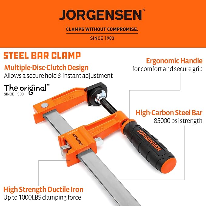 Jorgensen 36-Inch Bar Clamp Set, Heavy Duty Steel Bar Clamps for Woodworking, Wood Clamps with 1000 lbs Load Limit, 2-Pack