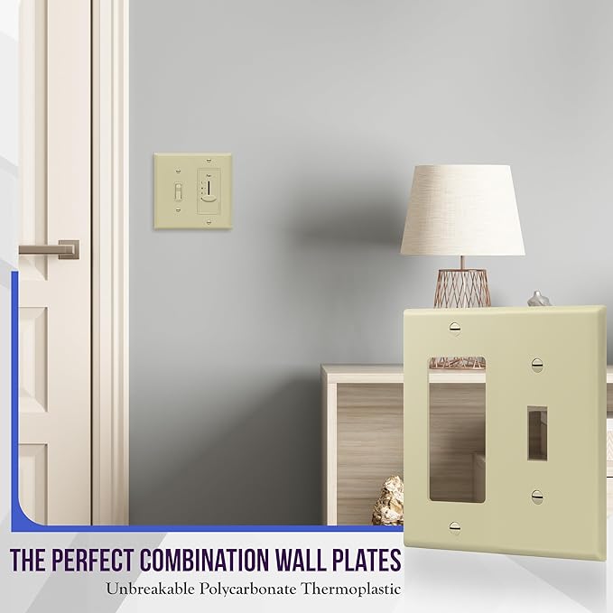 ENERLITES Combination Toggle Switch/Decorator Switch Wall Plate, Size 2-Gang 4.50" x 4.57", Polycarbonate Thermoplastic, 881131-I, Ivory