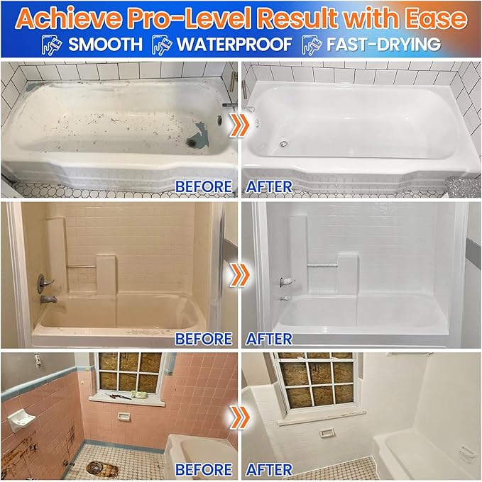 Specialty Tub and Tile Paint, Water-based Tub and Tile Refinishing Kit with Tools, Quick-Dry Tub Paint for Bathtub, No Odor Shower Paint, Bathroom Tile Paint, User-friendly on Tubs, Tile, Shower, Sink (Pure White)