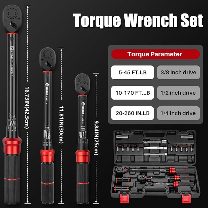 20Pcs 1/4 3/8 1/2-inch Drive Click Torque Wrench Set for Car Moto | Inch Pound Torque Wrench with Sockets (20-260 in.lb,5-45 ft.lb,10-170 ft.lb), Dual-Direction 72T, 3% Precision for Bike DIY