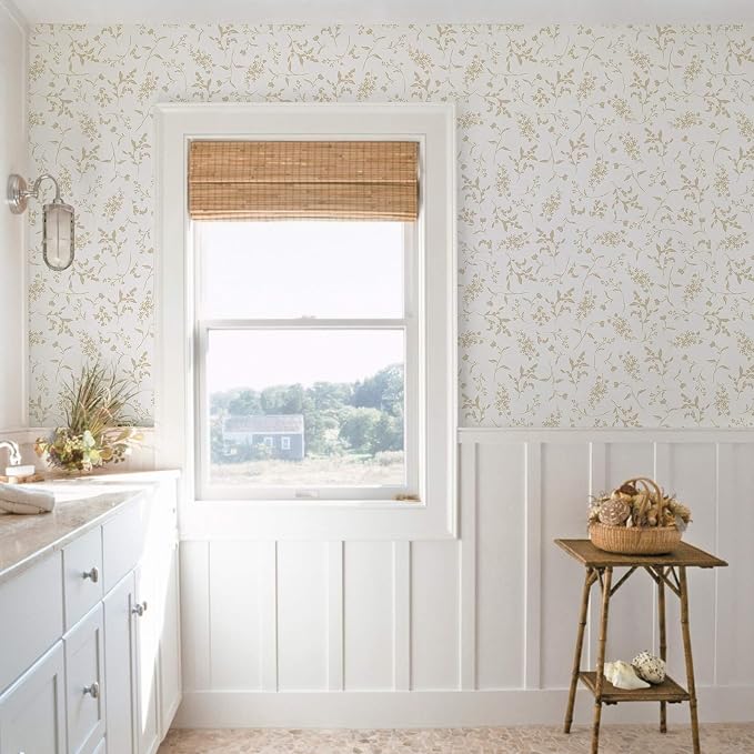 Ismoon Floral Wallpaper Peel and Stick Beige Neutral Contact Paper Wildflowers Leaf Stick on Wall Paper Textured Removable Self Adhesive Vinyl Wallpaper for Bedroom Bahtroom Wall Decor 17.3x78.7in