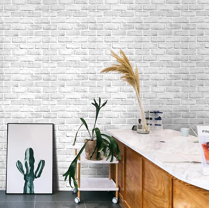 Hopeak White Brick Wallpaper Self-Adhesive Peel and Stick Wallpaper Waterproof and Removable Good for Home Decoration and Furniture Renovation 35.4 x 196 Inch