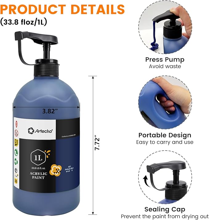 Artecho Phthalo Blue Acrylic Paint 1000ml (33.8 fl oz) with Pump Dispenser – High Pigment for Exceptional Coverage, Large Bottle Craft Paint for Canvas, Wood, Rocks, Fabric, Ceramic – Non-Toxic