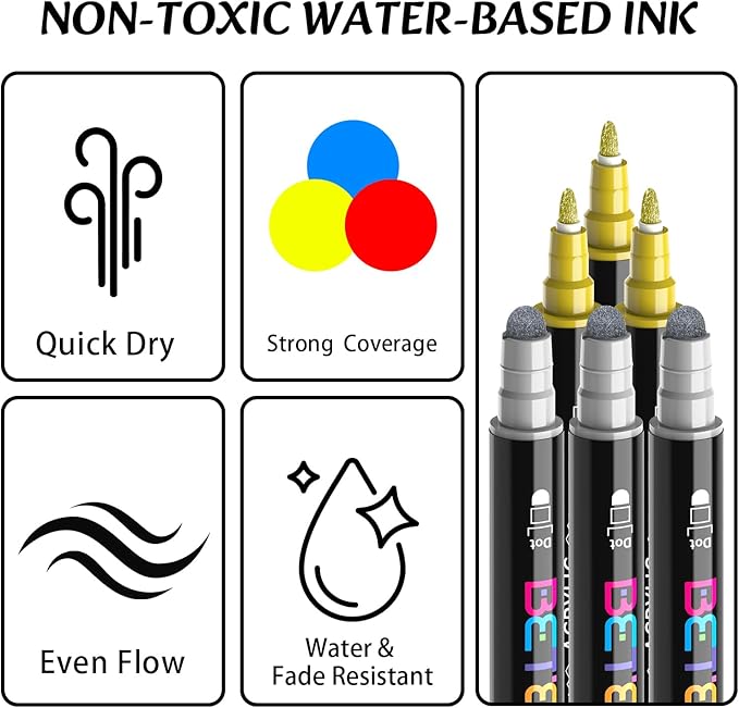 Betem 6 Gold&Silver Dual Tip Acrylic Paint Markers, Fabric Decorating Kits Premium Water-Based Acrylic Paint Pens Art Supplies for Fabric, Rock, Wood, Glass, Canvas, Ceramic, Teacher Appreciation Gift