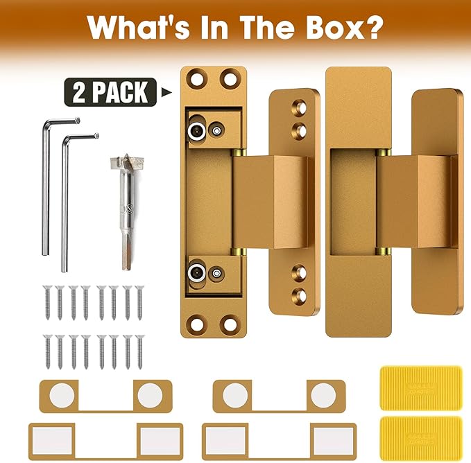 4.5" Hidden Door Hinge/Invisible Door Silent Door Hinge 110 Degree Swing Hinge 2-Way Adjustable Butt Hinge 4.5 x 2 x 1 (2, Gold)