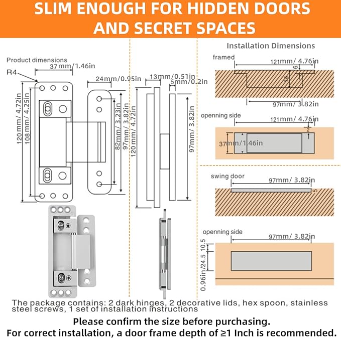 Hidden Door Hinges, 2Pack Adjustable Concealed Hinges 110Lbs Load-Bearing Heavy Duty Pivot Hinge 110° Swinging Invisible Hinges for Secret Doors, Bookcase, Shelf & Murphy Door
