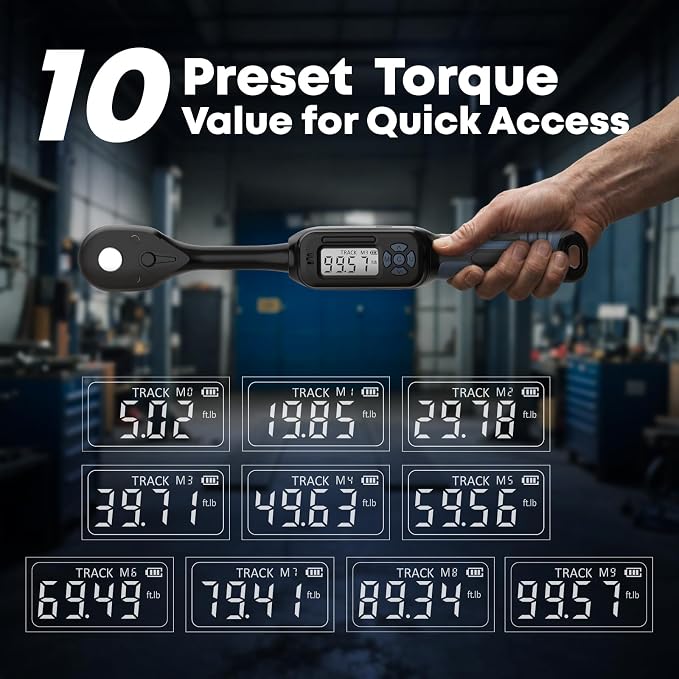 3/8 Torque Wrench Digital (5.02-99.6 Ft.Lb)±2% High accuracy Spark Plug Socket & Tire Inch Pound Torque Wrench 3/8 Drive with Buzzer and Colorful LED Indicator&Track Mode for Moto Auto Car