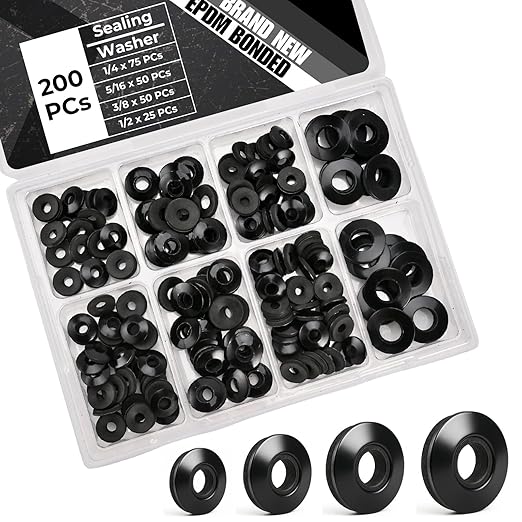 200 PCs 1/4 5/16 3/8 1/2 EPDM Bonded Sealing Washers Assortment, 304 Stainless Steel Rubber Washers for Screws, Black Multi-Size Roofing & Metal Panel Set