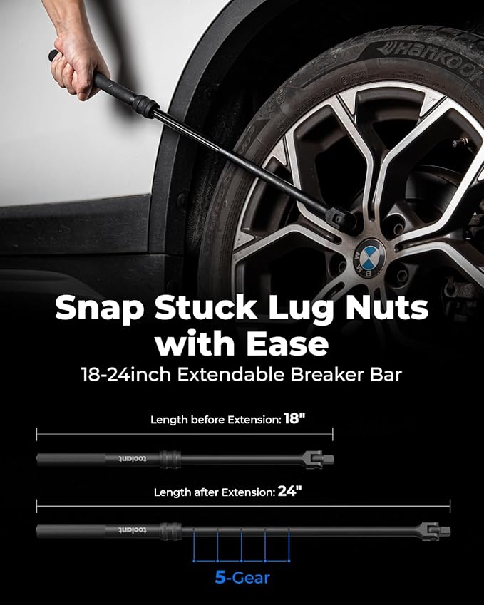 toolant 13-Piece 1/2" Torque Wrench Set, 25-250 ft-lb, ±3% | Includes 10 deep sockets, a 5" extension, and an 18"-24" telescopic breaker bar for tire work.