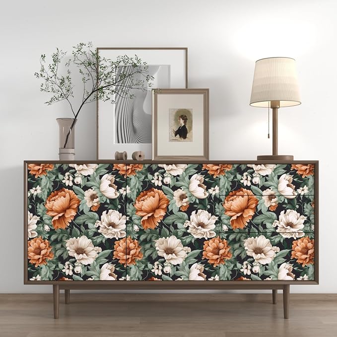 Floral Wallpaper Peel and Stick, Vintage Large Blooming Flowers Contact Paper 17.5" x 393.7", Retro Wall Paper Self Adhesive Removable Waterproof for Room Walls Shelves Cabinet Table (Orange, Green)