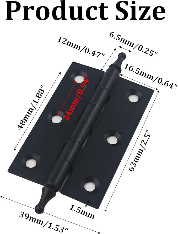 2.5 Inch Antique Style Solid Brass Butt Hinges with Ball Finials, Black Plated Butt Hinges with for Furniture Cabinet Drawer Door, 2PCS
