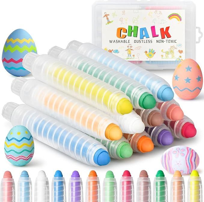 Dustless Chalk for Kids Toddlers - Colored Sidewalk Chalk with Holder 12 Pcs Non-Toxic Washable Outdoor Toddlers 1-3 Toys Gifts for Girls Boys Teens Drawing Art Supplies Art Crafts 4-8 8-12 10-12