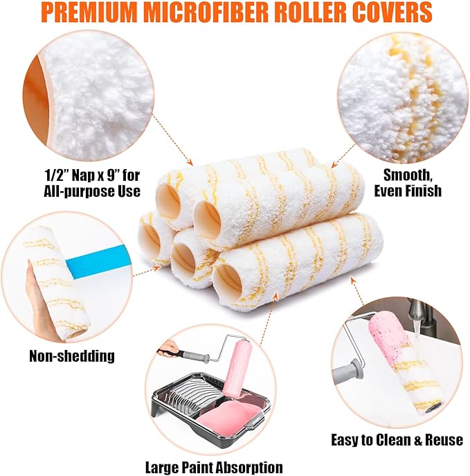 6pcs House Paint Roller Kit, 9 inch Extendable Roller Frame with 5 Microfiber Roller Covers 1/2" Nap, Adjustable Painting Roller (18" - 36") for Walls, Ceilings, Floor, Home Painting Supplies