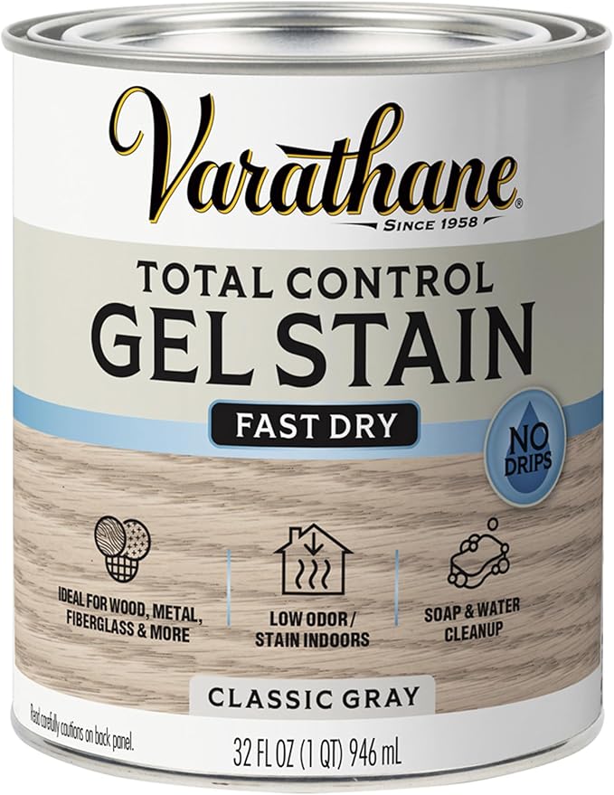 Varathane Total Control Gel Stain | Low Odor Water-Based Formula | Thick Gel Formula for Vertical Surfaces | Ideal for Wood, Metal & Fiberglass | Quart | Classic Gray