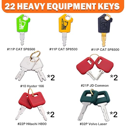 Multi Type Heavy Equipment Master Keys, 22 Contractor Machinery Ignition Excavator Keys Fit CAT 5P8500 JCB 14607 Kubota Takeuchi Komatsu 787 Volvo Yanmar John Deere Hyster Hitachi H806