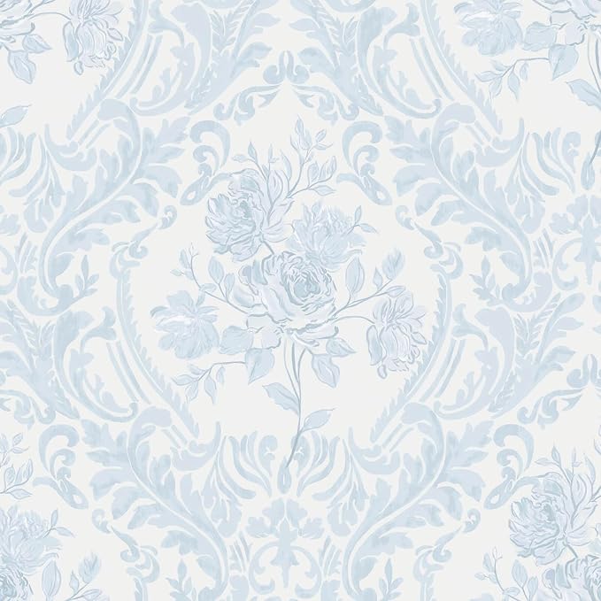 Ismoon Peel and Stick Wallpaper Vintage Floral Contact Paper Boho Watercolor Blue Damask Wallpaper Textured Removable Self Adhesive Vinyl Wall Paper for Bedroom, 17.3inx16.4ft