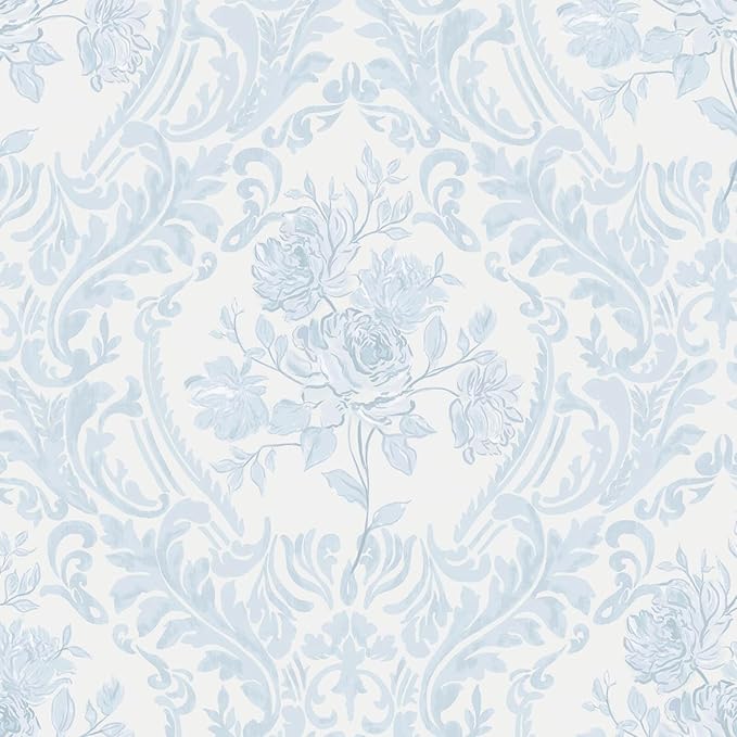 Ismoon Floral Peel and Stick Wallpaper Blue Contact Paper Boho Watercolor Damask Wallpaper Vintage Textured Removable Self Adhesive Vinyl Wall Paper Renter Friendly, 17.3inX49ft