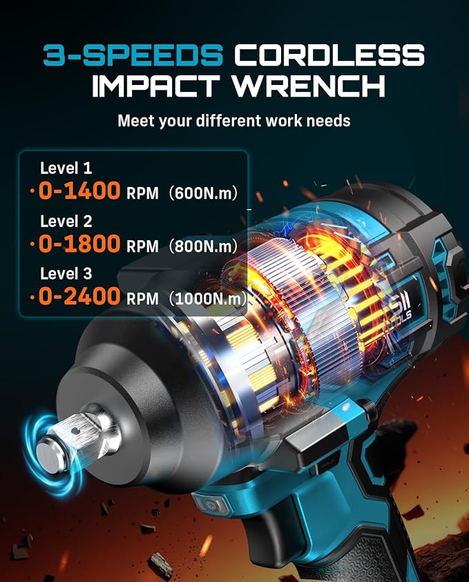 Seesii Impact Wrench 1000N.m(738 Ft-Lbs) & 46PCS 1/4″ Drive Socket Set Tool | Cordless Impact Driver, 1/2" Impact Gun With 21v 2x4.0Ah Battery for Fix Auto/Motorcycle - Wh10 Ultra