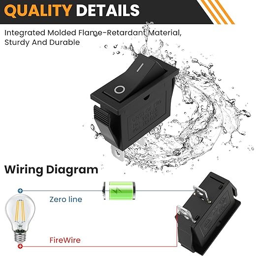 2 Pin 2 Position Boat Shaped Rocker Switch, KCD3-101 ON/Off Snap in Toggle Switch, AC 250V/15A 125V/20A Red Rocker Switch Toggle for Car Auto Boat Household Appliances (Black 6 Pack)