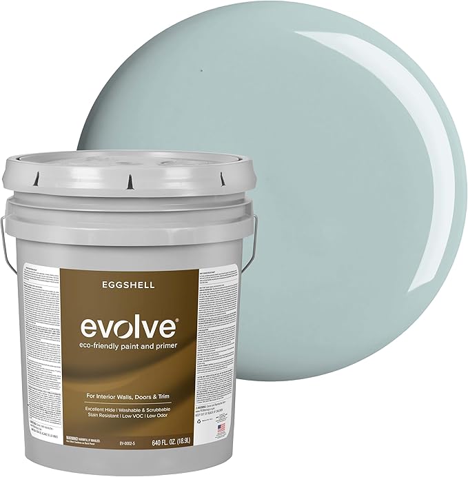EVOLVE Interior Paint & Primer, Eggshell (Silver Surf), 5 Gallon – One-Coat Coverage, Excellent Hide, Low VOC, Low Odor, Washable Paint for Walls, Doors & Trim