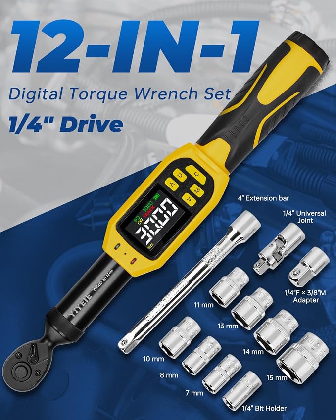 Digital Torque Wrench 1/4" Drive, 1.1-22.1 Ft-lb/1.5-30 N.m (±1% Accuracy) | Color LCD, Buzzer & LED Alert, 12PC Bike Torque Wrench Digital with Sockets & Adapters for MTB, Motorcycle & DIY