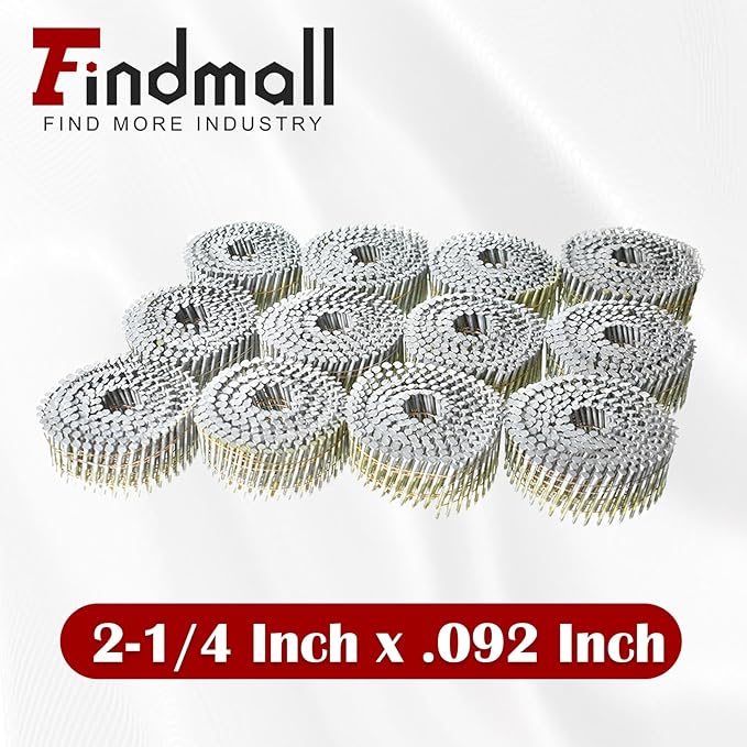 findmall 3600 Count Siding Nails 2-1/4 Inch by .092 Inch 15 Degree Ring Shank Hot-Dipped Galvanized Collated Wire Coil