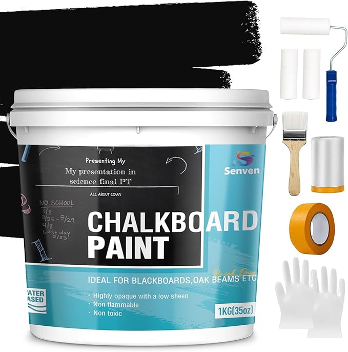 Chalkboard Paint Black Chalk Board Paint for Wood, Metal, Glass, Wall, Plaster Boards Sign, Frame, Interior/Exterior, All-in-One Primer & Top Coat, Black Matte, Acrylic, 35oz Cover 130 sf with Tools kit