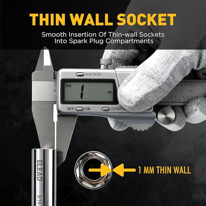 9/16" Swivel Magnetic Spark Plug Socket, 3/8" Drive x 6" Total Length, Thin Wall Spark Plug Removal Tool, 360 Degree Swivel, Enhanced Magnetic, 6-Point Design, Cr-V Steel