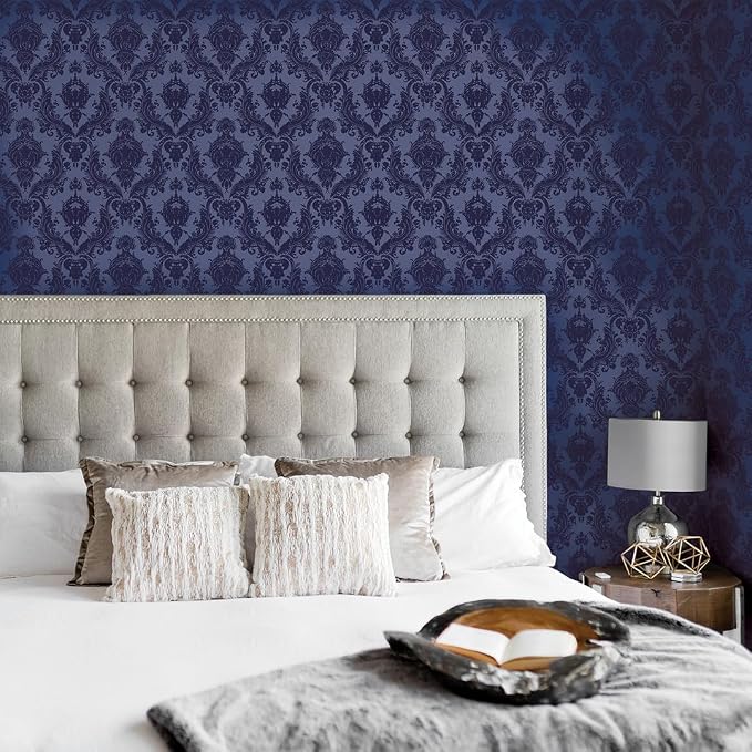 Tempaper Textured Metallic Blue Damsel Removable Peel and Stick Damask Wallpaper, 20.5 in X 16.5 ft, Made in the USA