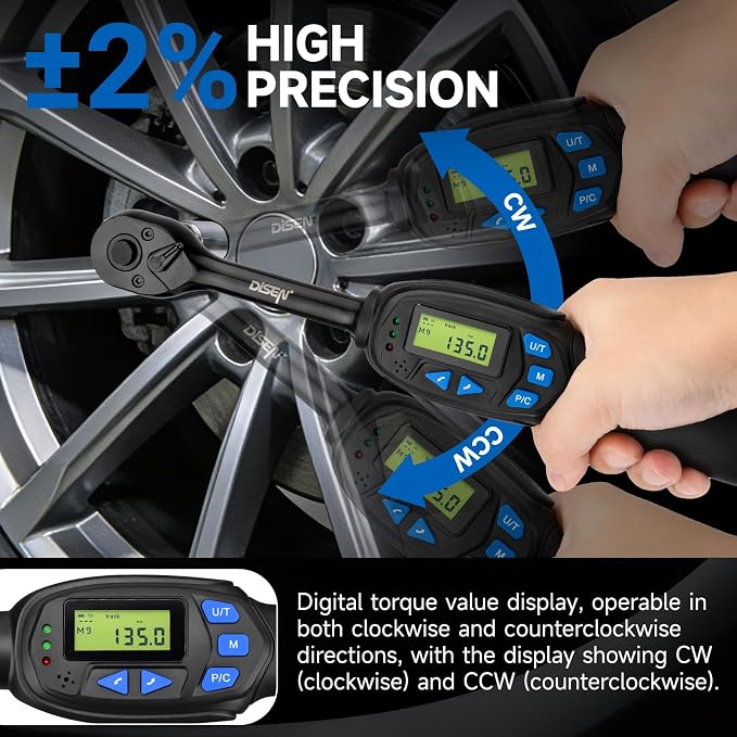 DISEN 8PCS 3/8" Digital Torque Wrench 6.8-135 N.m 5 Sockets Adapters Kit | 5-99.6 Ft.lb | ±2% accuracy | 72-tooth reversible ratchet | 2 modes & 5 units | LED/buzzer alert | Auto, motorcycle, bike