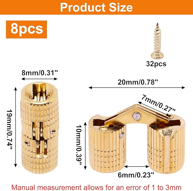 8mm Hidden Brass Barrel Hinges 180 Degree Opening Angle Cabinet Hinges for DIY Jewelry Box Hand Craft 8 Pack