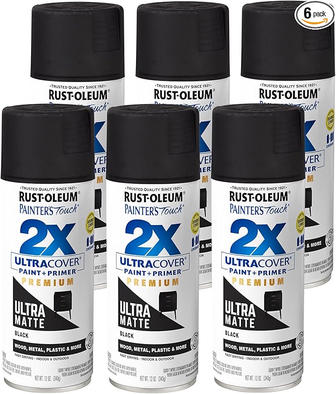 Rust-Oleum 331182-6PK Painter's Touch 2X Ultra Cover Spray Paint, 12 oz, Ultra Matte Black, 6 Pack
