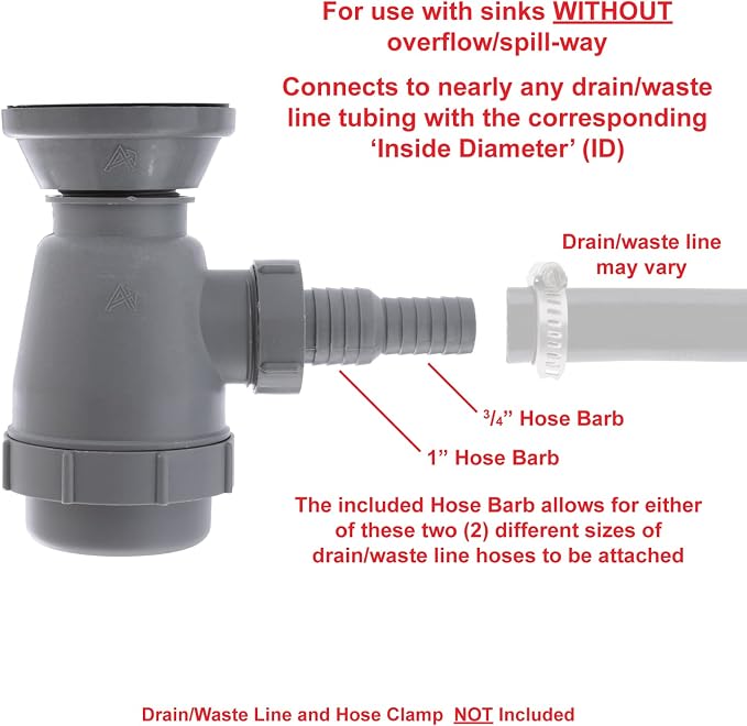 Ambassador Marine - 2 inch Drain, Trap Sink Drain, 3/4 inch & 1 inch Hose Barb, w/Chain Stopper - Brushed Finish - S00-0108-BP-W