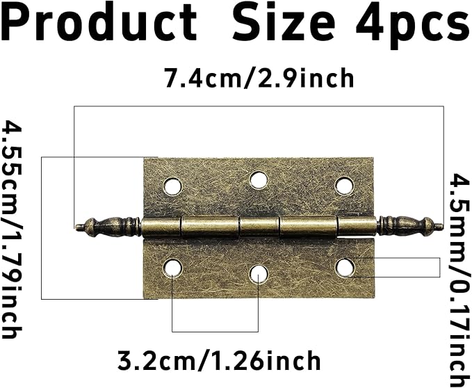 4Pcs Antique Bronze Folding Butt Hinges, Vintage Brass Hinges for Cabinet, Door, Window, Wooden Box, Chest, Cupboard, Furniture Hardware, Size 2.9" x 1.79"