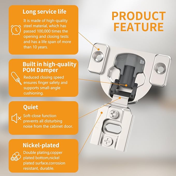 Chibery 20 Pack 9/16" Overlay 4D Concealed Hinges for Face Frame Door, Soft Close On/Off Switch, Self Closing, 105° Open Angle Concealed Stainless Steel Hinges for Framed Cabinet, Satin Nickel