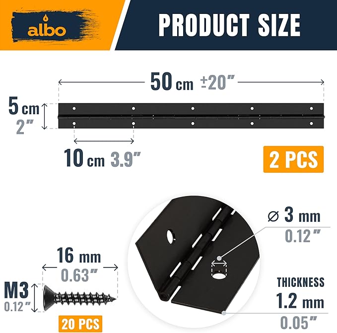 ALBO 20 Inch Black Heavy Duty Piano Hinge Continuous Stainless Steel 304 (2-Pack), Surface Mount Cabinet Hinges Matte Black 20"x2" for Server Rack, Display Case & Workshop Bench, Rustproof