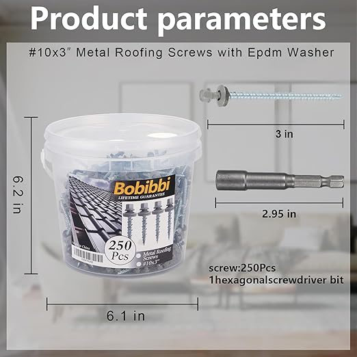 Metal Roofing Screws 10 x 3 inch, Gray Hex Head Sheet Metal Roof Screw with EPDM Washer for Corrugated Roofing (250Pcs)