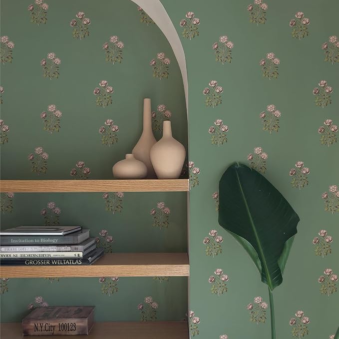 17.3" x 196.8" Vintage Floral Wallpaper Peel and Stick Boho Wallpaper Removable Waterproof Green Rose Pattern Contact Paper for Bedroom, Bathroom, Home Wall