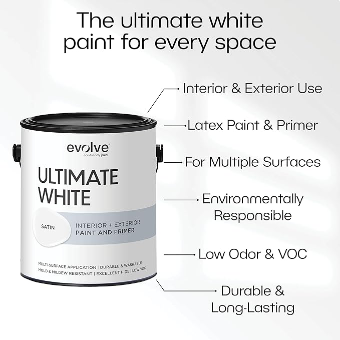 EVOLVE Ultimate White Paint & Primer in One, Satin White, 1 Gallon – Interior & Exterior, One-Coat Coverage, Excellent Hide, Low Odor, Low VOC, Washable Paint for Walls, Ceilings & Trim